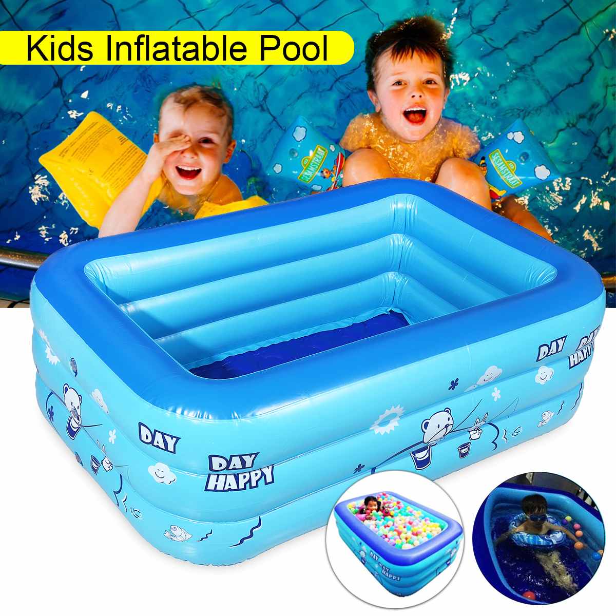 Large Inflatable Outdoor Children Paddling Bathtub Water Baby Swimming Bath Pool Blue PVC Rectangle 120x70cm Anti-slip